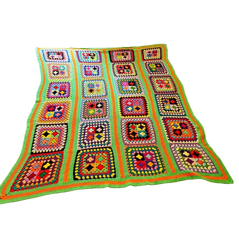Vintage Hand Knit Afghan Granny‎ Square Colorful Twin Blanket 84